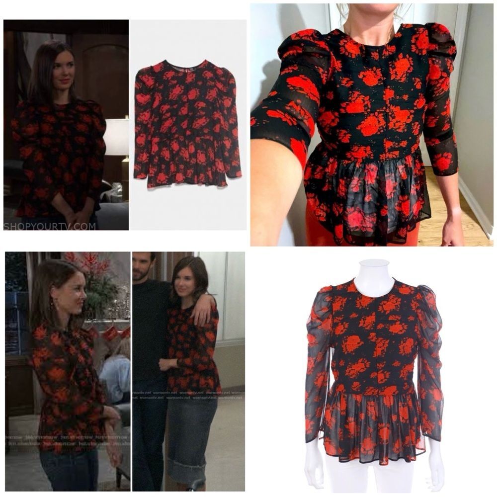 Zara Rose Floral Semi-Sheer Chiffon Puff Sleeve Peplum Blouse - Picture 5 of 12